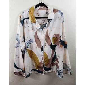 Womens Size 4XL Cream Bird Print Long Sleeve Button Up Lightweight Pajama Shirt